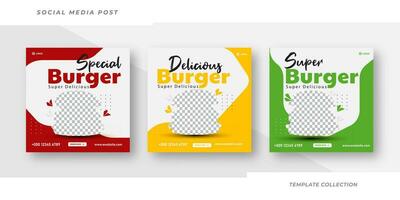 Delicious Burger food and restaurant menu social media post and square web banner template Pro Vector