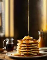 The succulent moment of pouring golden honey over a stack of fluffy pancakes Generative ai photo