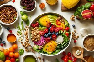 Immerse yourself in a healthy feast with a captivating photograph showcasing a variety of wholesome food dishes ai generative photo