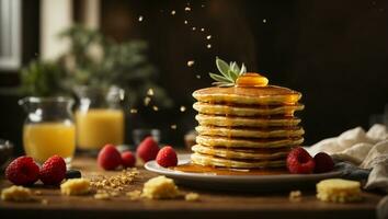 The succulent moment of pouring golden honey over a stack of fluffy pancakes Generative ai photo