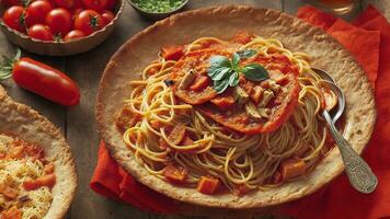 pasión para pasta con un cautivador fotografía presentando auténtico espaguetis alla amatriciana. ai generativo foto
