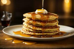 The succulent moment of pouring golden honey over a stack of fluffy pancakes Generative ai photo