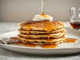 The succulent moment of pouring golden honey over a stack of fluffy pancakes Generative ai photo