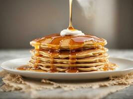 The succulent moment of pouring golden honey over a stack of fluffy pancakes Generative ai photo