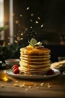 The succulent moment of pouring golden honey over a stack of fluffy pancakes Generative ai photo