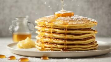 The succulent moment of pouring golden honey over a stack of fluffy pancakes Generative ai photo