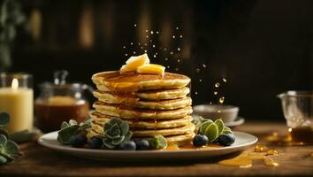 The succulent moment of pouring golden honey over a stack of fluffy pancakes Generative ai photo
