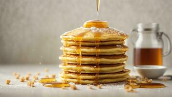 The succulent moment of pouring golden honey over a stack of fluffy pancakes Generative ai photo