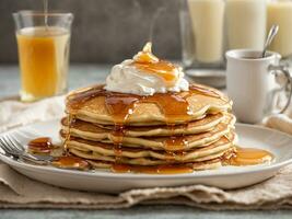 The succulent moment of pouring golden honey over a stack of fluffy pancakes Generative ai photo