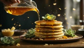 The succulent moment of pouring golden honey over a stack of fluffy pancakes Generative ai photo