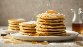 The succulent moment of pouring golden honey over a stack of fluffy pancakes Generative ai photo