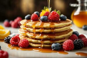 The succulent moment of pouring golden honey over a stack of fluffy pancakes Generative ai photo