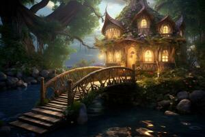 3D rendering of a fairy tale house in a fantasy forest, Fairy house on the river and wooden bridge, AI Generated photo