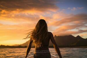 hermosa mujer en un paleta tablero a puesta de sol en el océano, hembra tablista posterior ver en mar a atardecer, oahu, Hawai, unido estados de America, ai generado foto