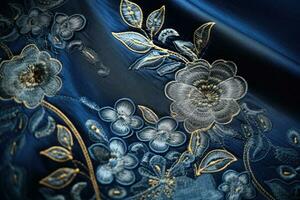 Texture, background, pattern. Fabric silk blue with a floral pattern, Embroidery floral abstract fantasy design luxury denim blue jeans, AI Generated photo