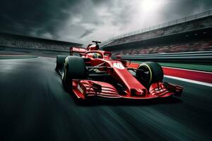 3d representación de un fórmula 1 carrera coche con rápido movimiento difuminar, ferrari f1 en el pista. deporte coche carreras fórmula uno en carrera pista, ai generado foto