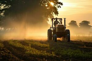 Farmer with tractor preparing land for sowing crops at sunset, Farmer operating a tractor working in the field in the morning, AI Generated photo