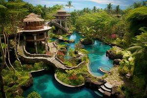 Tropical garden with pond and waterfall,3d render, Exotic oasis in bali, a tropical swimming pool, nestled amidst the breathtaking scenery of indonesia's enchanting island, AI Generated photo