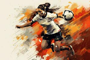 Illustration of a female soccer player on a grunge background, Expressive abstract illustration of a female soccer player in action., AI Generated photo