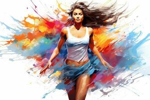 Portrait of a beautiful young woman with flying hair and colorful splashes, Fashion illustration of a beautiful young woman running with colorful splashes, AI Generated photo