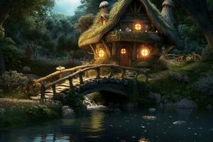 3D rendering of a fantasy fairy tale house with a pond, Fairy house on the river and wooden bridge, AI Generated photo