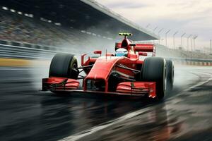 Formula 3 formula car racing on the track with motion blur effect, Ferrari F1 on the track. Sport car racing formula one in race track, AI Generated photo