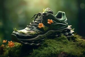 Hiking shoes with flowers on mossy ground in forest, vintage tone, environmental friendly shoes. Running outdoors in nature concept, AI Generated photo