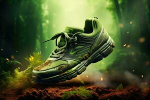 verde zapatillas en el suelo en el bosque. 3d representación, ambiental simpático zapatos. corriendo al aire libre en naturaleza concepto, ai generado foto