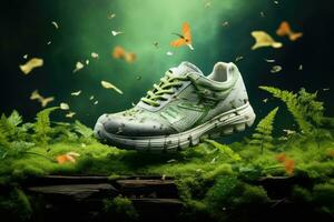 Sneakers in the green moss with butterflies flying around them, environmental friendly shoes. Running outdoors in nature concept, AI Generated photo