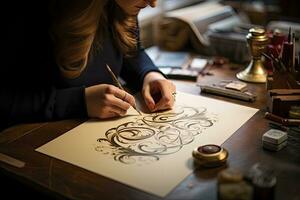 Artist drawing on paper with golden pattern, close-up view, Embrace the art of elegant lettering in the enchanting world of Calligraphy style, AI Generated photo