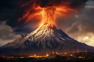 Volcanic eruption in Kamchatka, Russia. 3D rendering, Eruption volcano Tolbachik, AI Generated photo