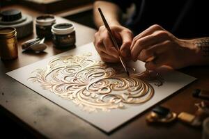 Female artist drawing a sketch in her studio. Close-up, Embrace the art of elegant lettering in the enchanting world of Calligraphy style, AI Generated photo