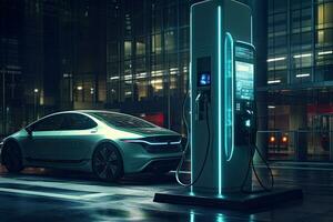 Electric car charging station in the city at night. 3d rendering, Electric car charging station. Sustainable Transportation and Charging Solutions for a Greener World, AI Generated photo