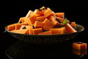 Fruit salad with kiwi and mango on a black background, Exotic and juicy A platter of succulent papaya vib, AI Generated photo