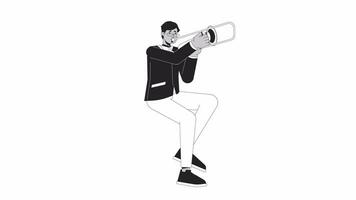 arabe adulte homme trompette musicien en jouant bw contour 2d personnage animation. monochrome linéaire dessin animé 4k vidéo. séance Masculin orchestre musicien trompette Animé la personne isolé sur blanc Contexte video