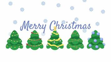 Gefeliciteerd vrolijk Kerstmis tekenfilm groet kaart animatie. sneeuwvlokken Kerstmis bomen 4k video beweging grafisch. winter kleurrijk vakantie ansichtkaart geanimeerd vlak 2d e-card, wit achtergrond