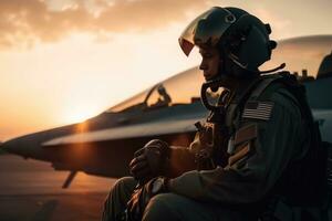 Portrait of a male pilot sitting on the deck of a plane, Fighter Jet pilots wearing full gear and standing in different poses on a white background, full body, front view, AI Generated photo