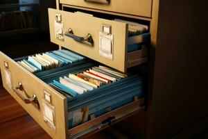 File cabinet with documents and folders in it. Selective focus, Filing Cabinet with Files, AI Generated photo