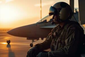 Portrait of a pilot sitting in front of the airplane at sunset, Fighter Jet pilots wearing full gear and standing in different poses on a white background, full body, front view, AI Generated photo