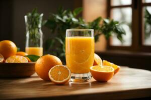 Fresh orange juice in glass or bottle with fruits generative ai photo