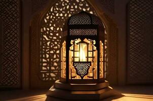 A lantern with the light shining through the window global illumination mosque in background far away Generative ai photo