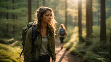 un niña con un mochila y excursionismo botas, caminando en un sendero en un bosque generativo ai foto