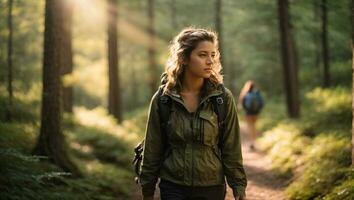 A girl with a backpack and hiking boots, walking on a trail in a forest Generative ai photo