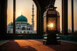 A lantern with the light shining through the window global illumination mosque in background far away Generative ai photo