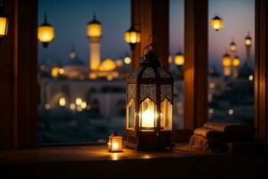A lantern with the light shining through the window global illumination mosque in background far away Generative ai photo