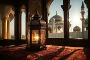 A lantern with the light shining through the window global illumination mosque in background far away Generative ai photo