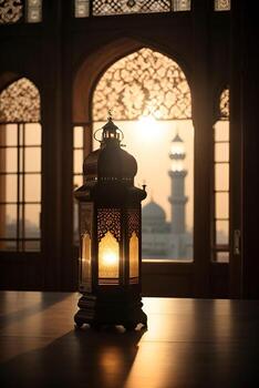 A lantern with the light shining through the window global illumination mosque in background far away Generative ai photo