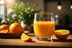 Fresco naranja jugo en vaso o botella con frutas generativo ai foto