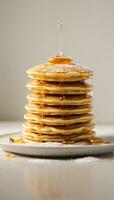 The succulent moment of pouring golden honey over a stack of fluffy pancakes Generative ai photo