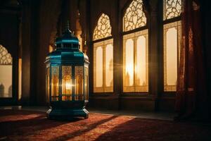 A lantern with the light shining through the window global illumination mosque in background far away Generative ai photo